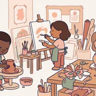 Illustration d'un atelier d'arts avec un tour de potier, un chevalet et une table de collage.