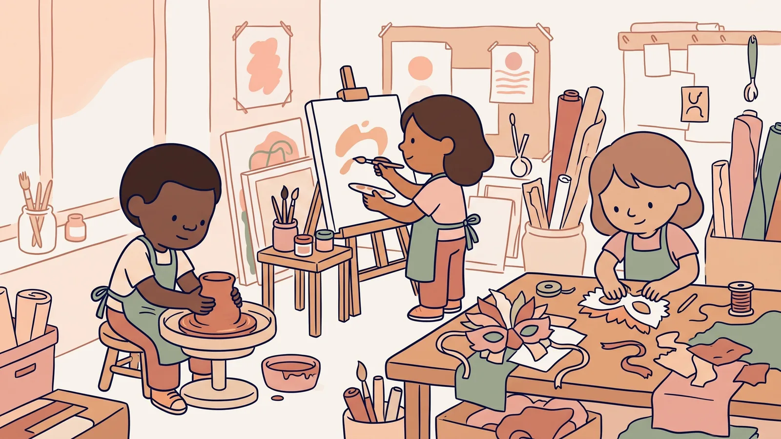 Illustration of an art studio with a pottery wheel, an easel and a collage table.