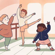 Illustration d'un studio de danse, quatre enfants à la barre en positions classiques et hip-hop.