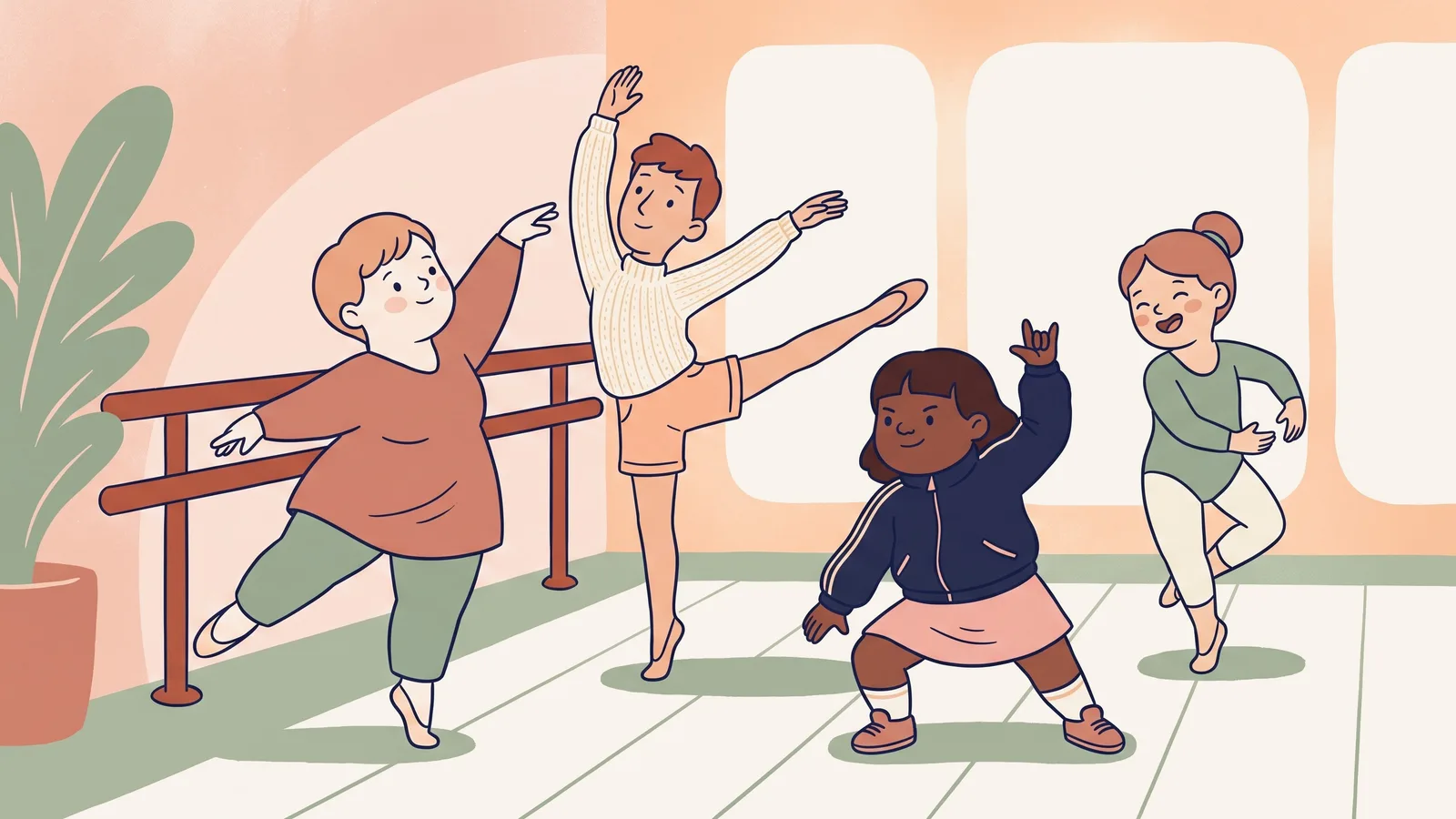 Illustration of a dance studio, four children at the barre in ballet and hip-hop positions.
