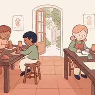 Illustration d'un atelier communal, de grandes tables de terre et de peinture, une porte ouverte sur un jardin.