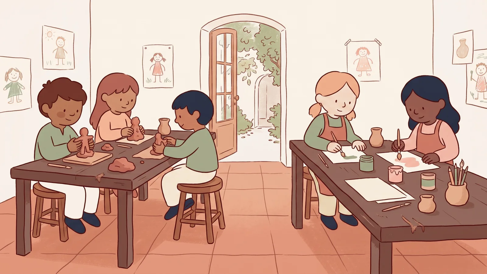 Illustration of a municipal atelier, long tables of clay and paint, a door open to a garden.