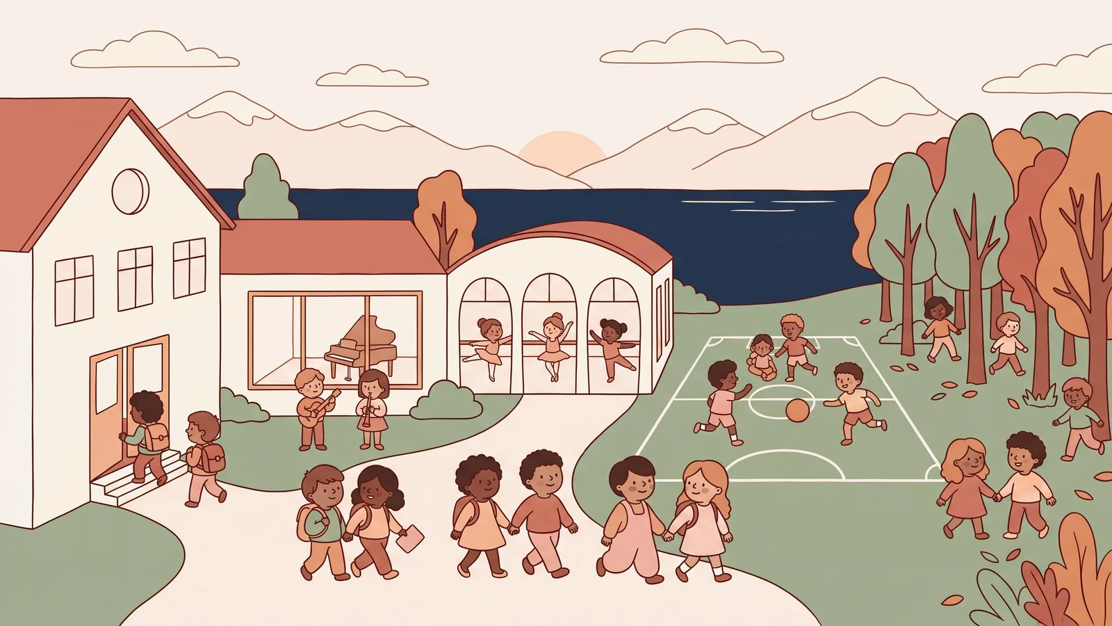Illustration d'une semaine en famille à Genève : une école, une salle de musique, un studio de danse, un terrain de sport et un bois au bord du lac.