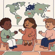 Illustration d'une petite salle de classe, trois enfants qui discutent en cercle sous une carte du monde.