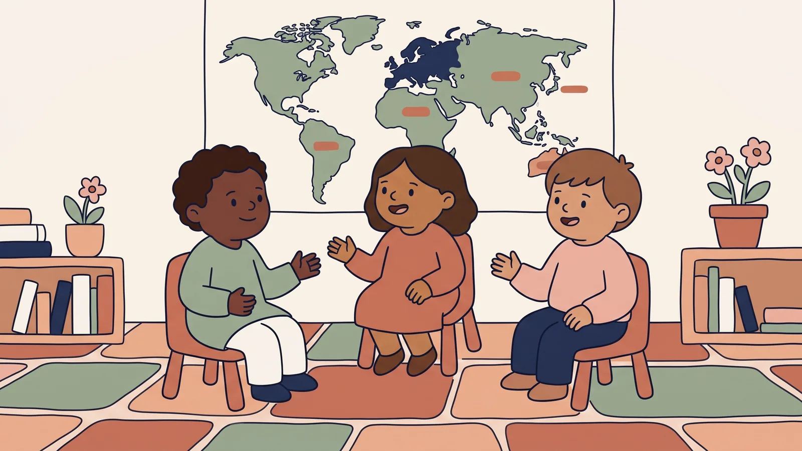 Illustration of a small classroom, three children talking in a circle under a world map.