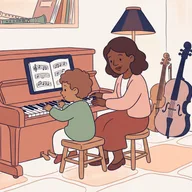 Illustration d'une salle de musique avec un piano droit, un violoncelle et une clarinette, un enfant en plein cours.