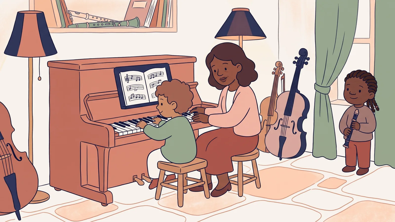 Illustration of a music room with an upright piano, a cello and a clarinet, a child mid-lesson.