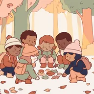 Illustration d'enfants en manteau et bonnet accroupis autour de feuilles mortes dans un bois d'automne.
