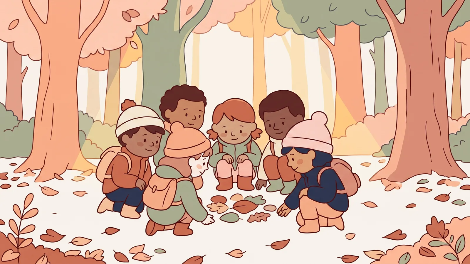 Illustration of children in coats and hats gathered round fallen leaves in an autumn wood.