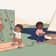 Illustration d'un mur d'escalade et d'un dériveur au bord du lac Léman.