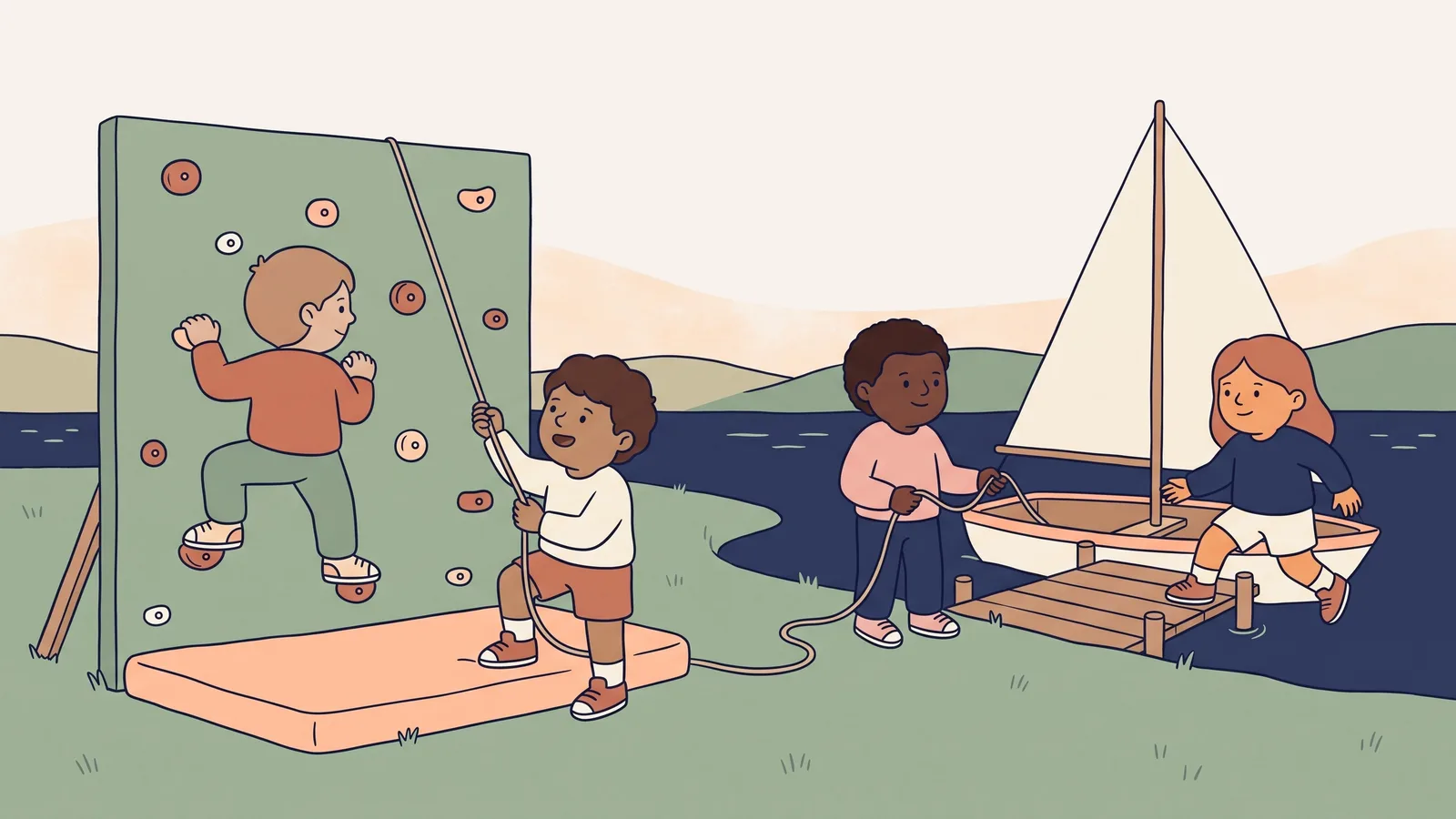 Illustration d'un mur d'escalade et d'un dériveur au bord du lac Léman.