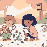 Illustration d'une prairie avec une ruche et un nichoir à chauves-souris, deux enfants avec une loupe et un carnet.