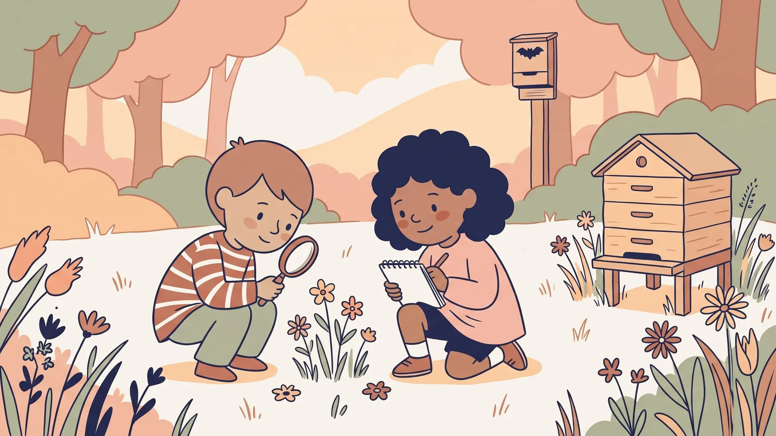 Illustration of a meadow with a beehive and a bat box, two children with a magnifying glass and a notebook.