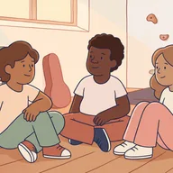Illustration de trois adolescents assis qui discutent dans une salle de club, des étuis d'instruments et des prises d'escalade derrière eux.