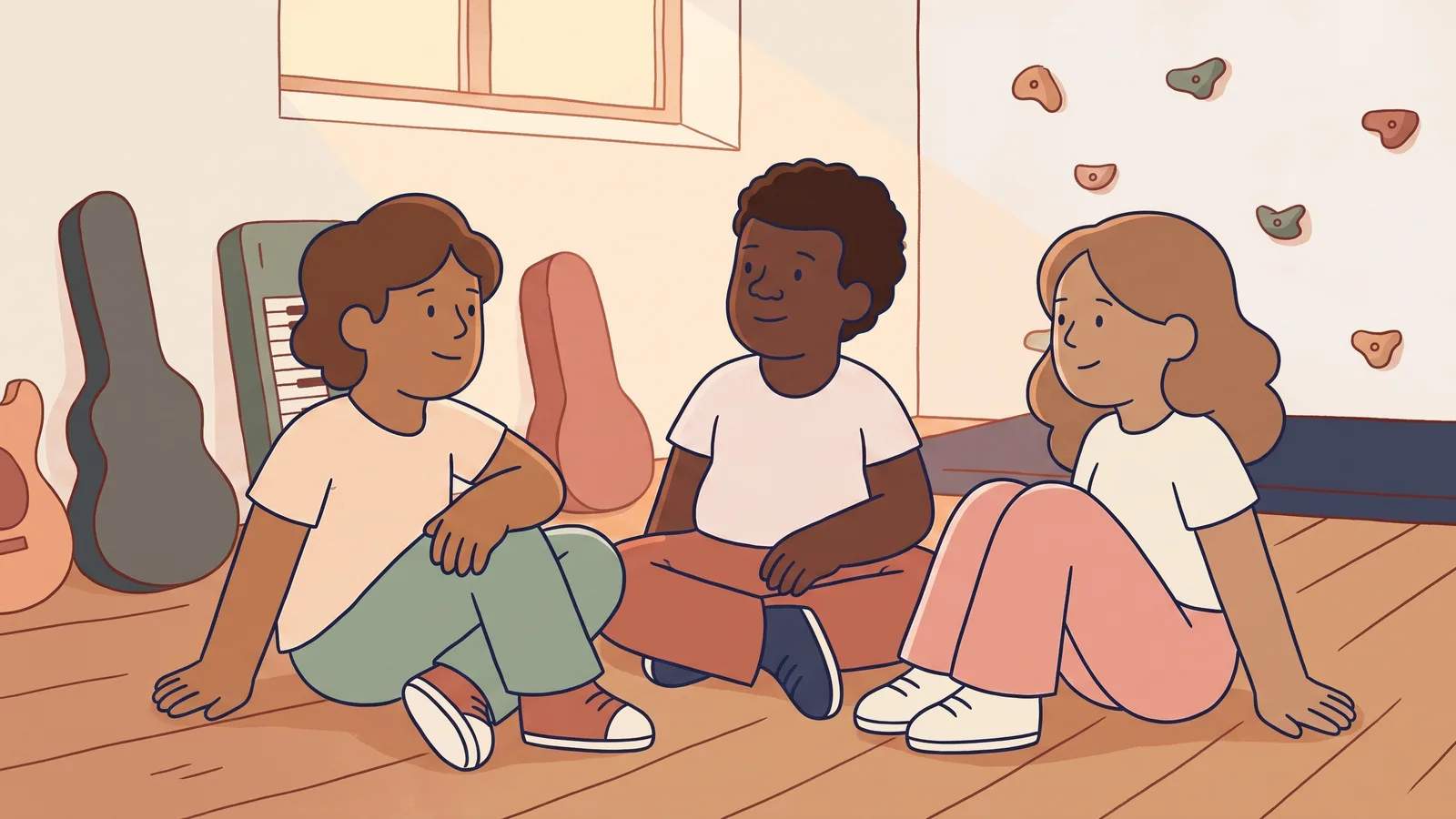 Illustration of three teenagers sitting and talking in a club room, instrument cases and climbing holds behind them.