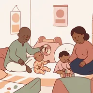 Illustration d'une salle au sol souple, deux adultes assis par terre avec deux tout-petits.