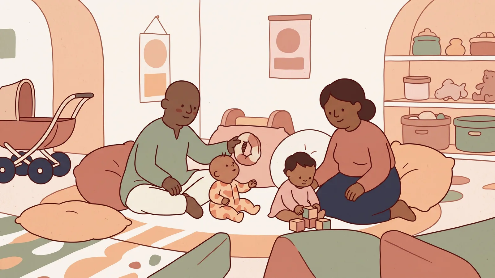 Illustration d'une salle au sol souple, deux adultes assis par terre avec deux tout-petits.
