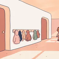 Illustration d'un couloir d'école vide à midi, des manteaux aux patères, un enfant qui sort.