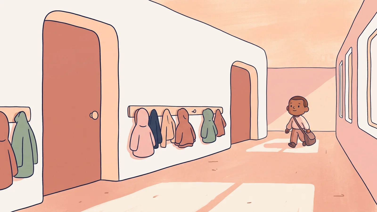Illustration d'un couloir d'école vide à midi, des manteaux aux patères, un enfant qui sort.