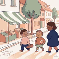 Illustration d'une rue un samedi matin, un parent qui marche avec deux enfants, l'un porte un étui à violon, l'autre un ballon.