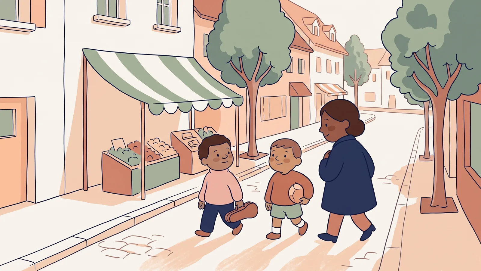 Illustration d'une rue un samedi matin, un parent qui marche avec deux enfants, l'un porte un étui à violon, l'autre un ballon.